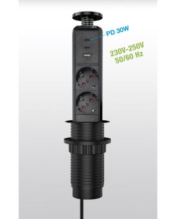 Torre oculta 2 enchufes + 1 USB-A + 2 USB-C Negro
