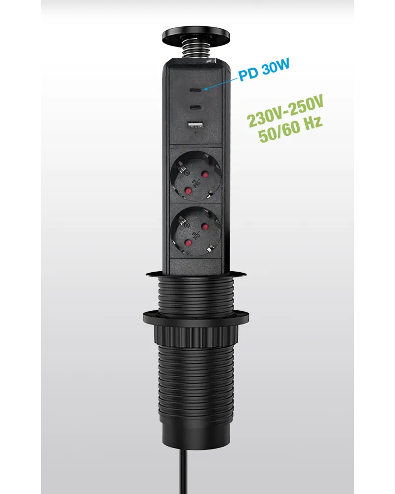Torre oculta 2 enchufes + 1 USB-A + 2 USB-C Negro