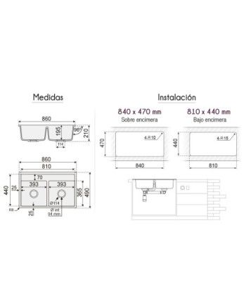 Fregadero MARTE 860x490x210 Negro/Gris/Blanco