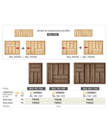 Cubertero extensible de madera nogal 800-1100 mm | Organizador cajón grande