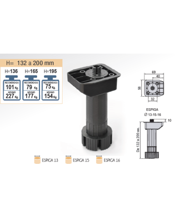 Pata Regulable D13 mm con Pivote 132-200 mm | Nivelador Profesional
