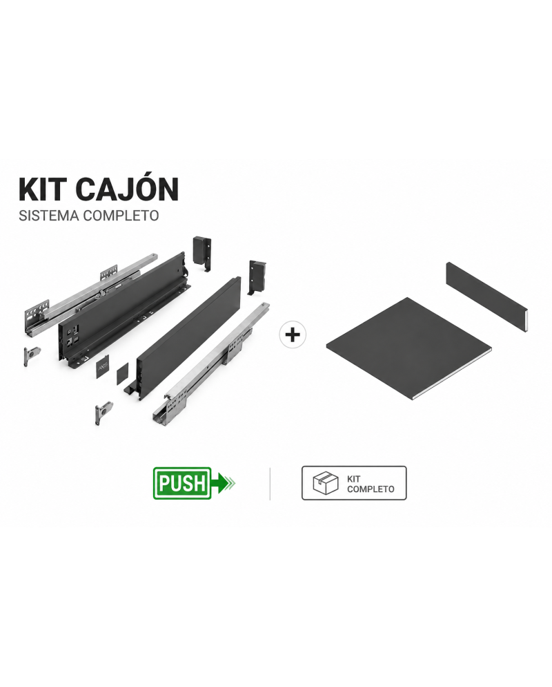 Kit Cajón Metálico AXISPRO PUSH 84 mm | Guías Ocultas + Melamina a Medida
